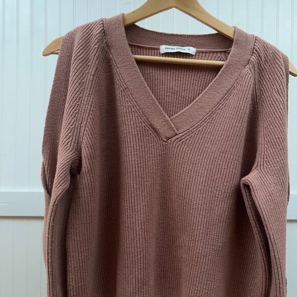 Oxford Sunday Women's Ribbed V-Neck Sweater Mauve Pink Cold Shoulder Knit Top - Picture 1 of 10